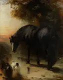 William Huggins, A horse and ducks at the waters edge at sunset, oil on canvas