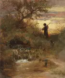 Ri Charles James Lewis, A young boy and his dog by a pond at sunset, oil on paper laid to board