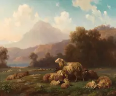 Louis Reinhardt, Sheep resting, a mountainous landscape beyond, oil on canvas