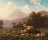 Louis Reinhardt, Sheep resting, a mountainous landscape beyond, oil on canvas