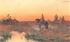 Paul Pascal, Caravan by the oasis at sunset, watercolour and gouache