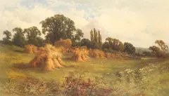 Harvest time in the cornfield by Henry H. Parker, oil on canvas, sold Sep 2022