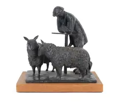 Catharni Stern, Shepherd and two sheep, bronze with a dark brown patina on wooden base