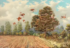 Robert W. Milliken, Partridges over the hedge, oil on canvas