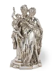 Albert Carrier-Belleuse, silvered bronze figural group of two classical maidens and a putto, silvered bronze