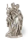 Albert Carrier-Belleuse, silvered bronze figural group of two classical maidens and a putto, silvered bronze