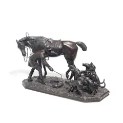 John Willis Good, rare patinated bronze equestrian model of a huntsman with his hounds and a fox, patinated bronze