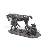 John Willis Good, rare patinated bronze equestrian model of a huntsman with his hounds and a fox, patinated bronze