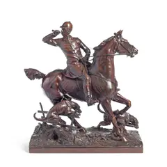 Alfred Adrian Jones Mvo, patinated bronze equestrian group of a huntsman and two hounds, patinated bronze