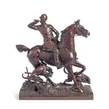 Alfred Adrian Jones Mvo, patinated bronze equestrian group of a huntsman and two hounds, patinated bronze