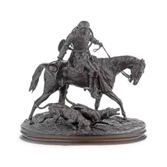 Pierre-Jules Mêne, patinated bronze figural group 'Groupe chiens en défaut (Valet Louis XV)', patinated bronze