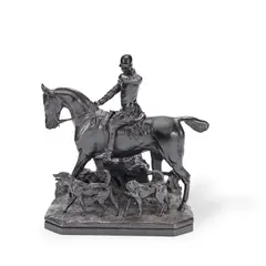 John Willis Good, late 19th century patinated bronze equestrian model of a huntsman and his hounds, patinated bronze