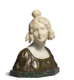 Rudolf K. Küchler, patinated bronze and carved alabaster bust of a young lady, patinated bronze