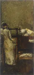 Lesser Ury, Frau an der Nähmaschine, 1883, Öl auf Leinwand, auf Holz