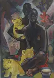 Marie-Louise Mammen, Paar mit Löwenbabys, Um 1928, Öl auf Leinwand