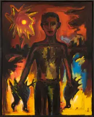 Helmut Middendorf, Junge mit Vögeln, 1987, Öl auf Leinwand