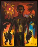 Helmut Middendorf, Junge mit Vögeln, 1987, Öl auf Leinwand