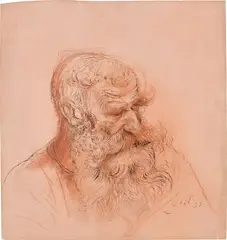 Bärtiger Bauer III by Otto Dix, 1939, Tuschfeder, Rötel und Silberstift auf rosa grundiertem Bristol-Karton, sold Nov 2025
