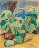 Max Pechstein, Stillleben mit Hortensien und Maske, Um 1920, Aquarell auf Papier