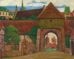 Bühnenbildentwurf zu ‚Schwester Beatrix‘ by Heinrich Vogeler, Um 1901, Öl über Bleistift auf leinwandstrukturierter Pappe, sold May 2024