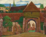 Heinrich Vogeler, Bühnenbildentwurf zu ‚Schwester Beatrix‘, Um 1901, Öl über Bleistift auf leinwandstrukturierter Pappe