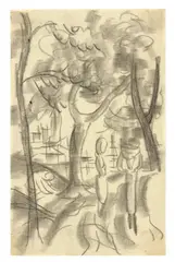 August Macke, Mädchen unter Bäumen, Körbe tragend, 1914, Kohle auf Papier