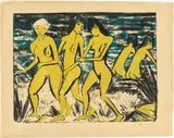 Otto Mueller, Fünf gelbe Akte am Wasser, 1921, Farblithografie auf Papier