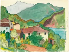 Hermann Hesse, Haus mit rotem Dach in Berglandschaft, 1928, Aquarell über Bleistift auf Papier