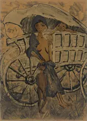 Otto Mueller, Zigeunerin mit dem Kind vor dem Planwagen, 1926, Farblithografie auf Papier