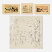 Paul Cornoyer, four works, c. 1915, graphite on paper, watercolor and graphite on paper