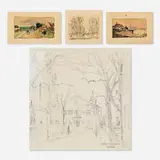 Paul Cornoyer, four works, c. 1915, graphite on paper, watercolor and graphite on paper