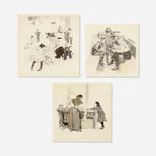 Orson Lowell, three works, ink and gouache on paper