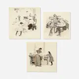 Orson Lowell, three works, ink and gouache on paper