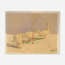 Charles Emile Heil, Swans in April Snow, watercolor on paper
