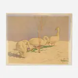 Charles Emile Heil, Swans in April Snow, watercolor on paper