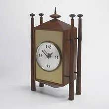 table clock, model #2255 by George Nelson & Associates, c. 1957, walnut, brass, glass, enameled steel, sold Mar 2007