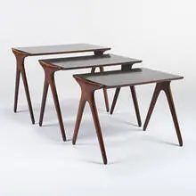 nesting tables model #400, set of three by Vladimir Kagan, c. 1950, walnut, laminate, sold Mar 2007