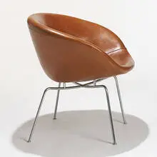 Pot chair, model #3318 by Arne Jacobsen, 1959, matte chrome-plated steel, leather, sold Mar 2007