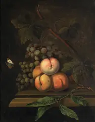 Robert van der Mijn, Peaches, grapes and a butterfly on a stone table-top, oil on canvas