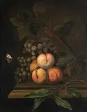 Robert van der Mijn, Peaches, grapes and a butterfly on a stone table-top, oil on canvas