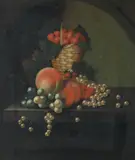 William Jones, A basket of strawberries, peaches and other fruit on a stone ledge, oil on canvas