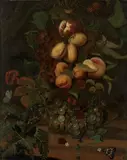 H.D. Vo****, Still life with apricots, plums and peaches together with blackberries, grapes and butterflies, oil on canvas