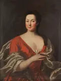 John Theodore Heins, Portrait of a lady, half-length, in a red dress, oil on canvas