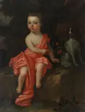 Charles Jervas, Portrait of a child holding a bunch of cherries and seated beside a spaniel, oil on canvas