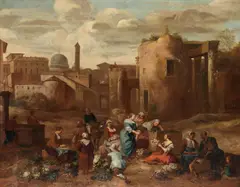 Hendrick Mommers, Figures selling produce outside a town, oil on canvas