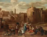 Hendrick Mommers, Figures selling produce outside a town, oil on canvas