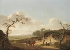 Figures and a wagon on a country path by Hendrik Willem Schweickhardt, oil on panel, offered Mar 2022