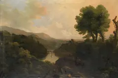 Thomas Barker, An extensive river landscape with travellers on horseback, oil on canvas