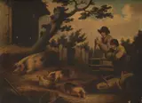 George Morland, Checking on the pigs, oil on canvas