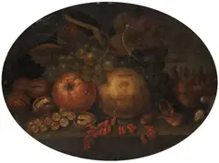 George William Sartorius, A lemon, grapes, walnuts and other fruit and nuts on a stone ledge, oil on copper, oval